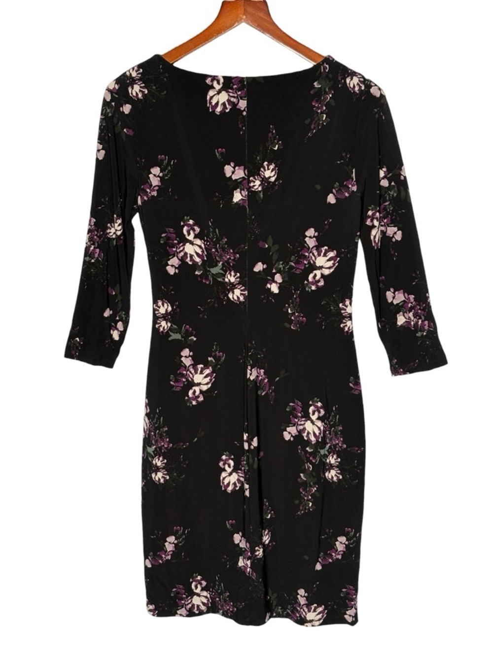 Lauren Ralph Lauren Black Floral Surplice Ruched Jersey Dress • 6 • 3/4 Sleeve - Picture 5 of 12